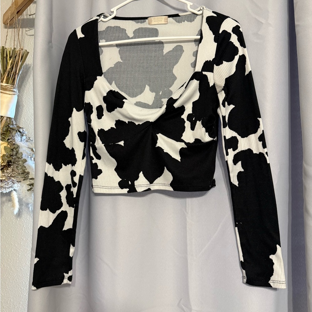 Altar'd State Black and White Cow Print Patterned Crop Top